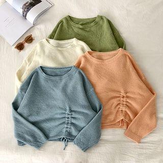 Plain Lace-up Crewneck Long-sleeve Sweater