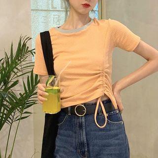 Contrast Trim Striped Drawstring T-shirt