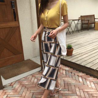 Set: Scoop-neck Cardigan + Patterned Maxi Wrap Skirt