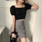 Puff Sleeve Plain Top / Plaid A-line Mini Skirt