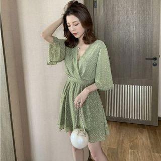 Elbow-sleeve Dot Print Chiffon Mini Dress