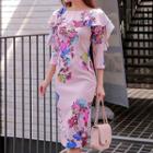 3/4-sleeve Flower Print Ruffle Sheath Dress