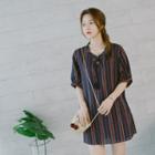 Tassel-neck Puff-sleeve Pattern Top