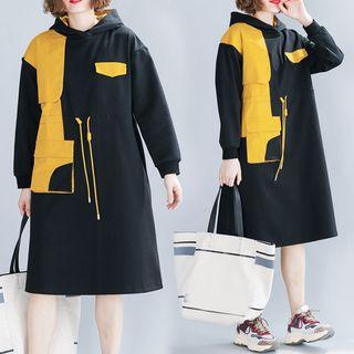 Color Block Panel Hooded Sweatshirt Dress Black - F