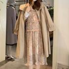 Single-breasted Long Coat / Long-sleeve Turtle-neck T-shirt / Floral Midi Dress