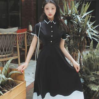 Short-sleeve Single-breasted Color Panel A-line Dress