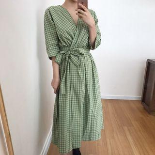Check 3/4-sleeve A-line Midi Dress