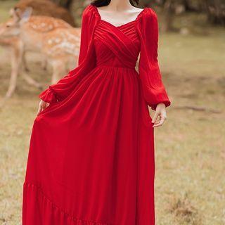 Puff-sleeve Cross Strap Maxi A-line Dress