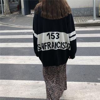 Contrast Trim Boxy Lettering Sweater / Leopard Print A-line Midi Skirt