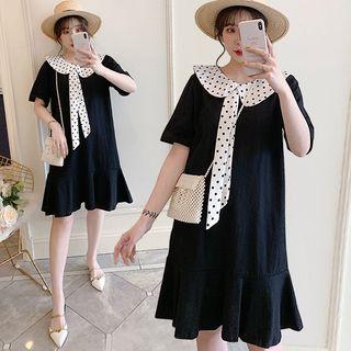 Elbow-sleeve Polka Dot Paneled Frill Trim Dress