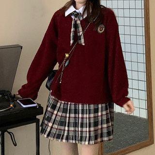 Long-sleeve Mock Two-piece Plaid Mini Collared Dress Black - One Size