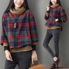 Mock Two-piece Knit Panel Plaid Pullover