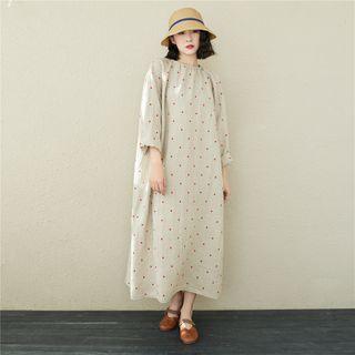 Long-sleeve Dotted Linen Blend Midi A-line Dress