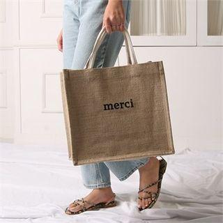 Merci Printed Square Tote Beige - One Size