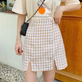 Slit-hem Check Mini Skirt
