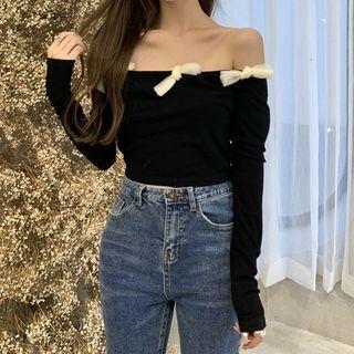 Bow Off-shoulder Crop Top Black - One Size