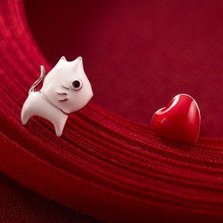 Cat & Heart Asymmetrical Sterling Silver Earring S925 Silver - 1 Pair - Red & White - One Size