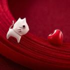 Cat & Heart Asymmetrical Sterling Silver Earring S925 Silver - 1 Pair - Red & White - One Size