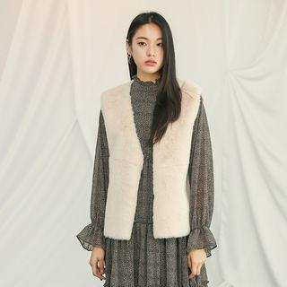 V-neck Faux-fur Vest Light Beige - One Size