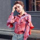 Long-sleeve Ruffle Trim Blouse / Midi A-line Skirt