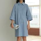 Plain 3/4-sleeve Shirt Dress Blue - One Size