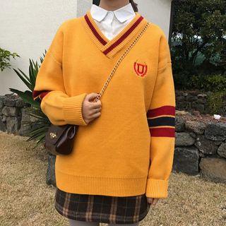 Embroidered Striped V-neck Sweater