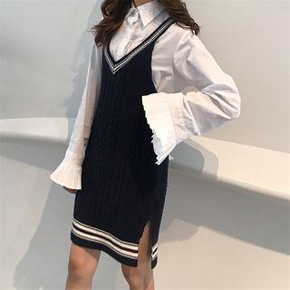 Set: Bell-sleeve Shirt + Sleeveless Knit Dress