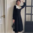 Long-sleeve Contrast Collar Velvet Midi A-line Dress