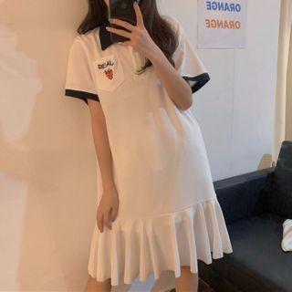 Strawberry Embroidered Short-sleeve Midi Polo Shirt Dress
