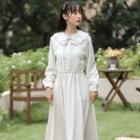 Long-sleeve Frill Trim Collar Midi A-line Dress / Floral Embroidered Vest / Set