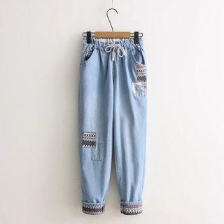 Patch Detail Drawstring Jeans As Shown In Figure - One Size