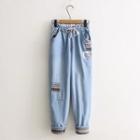 Patch Detail Drawstring Jeans As Shown In Figure - One Size