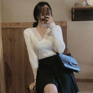 Long-sleeve Lace Panel Knit Top White - One Size