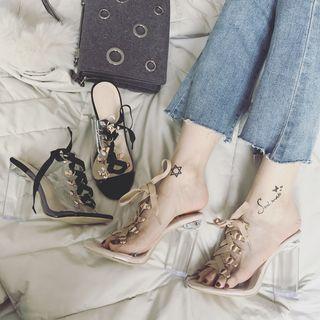 Lace Up Transparent Block Heel Slide Sandals