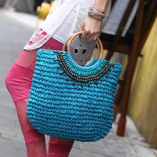 Beaded Straw Tote Blue - One Size
