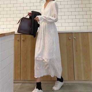 Long-sleeve V-neck Gathered-waist Dress White - One Size