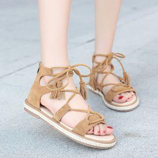 Tassel Trim Lace-up Flat Sandals