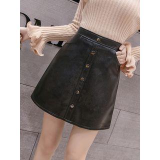 Buttoned Faux Leather A-line Mini Skirt