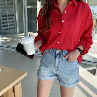 Button-back Vivid Ramie Shirt Red - One Size