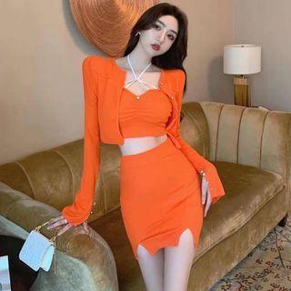 Set: Cropped Camisole Top + Cardigan + Slit Mini Pencil Skirt