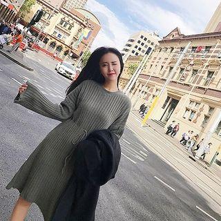 Long-sleeve Drawstring-waist Knit Dress