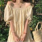 Elbow-sleeve Off-shoulder Dotted Smock Dress Milky Yellow - One Size
