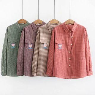 Long-sleeve Bear Embroidered Plaid Shirt