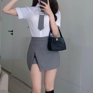 Short-sleeve Neck Tie Shirt / A-line Skort