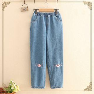 Piggy Embroidery Straight-fit Jeans