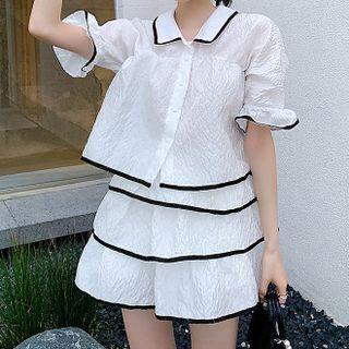Short-sleeve Contrast Trim Top / Skirt