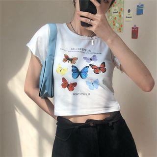 Printed Sun Moon Short-sleeved Top  - One Size