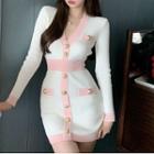 V-neck Contrast Trim Mini Bodycon Dress Pink & White - One Size