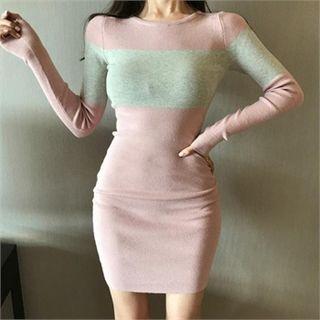 Color-block Bodycon Knit Dress Pink - One Size