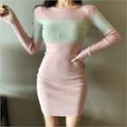 Color-block Bodycon Knit Dress Pink - One Size